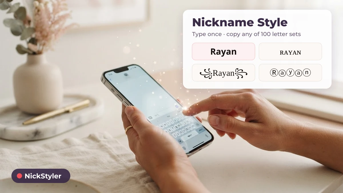 Nickname style generator card showing the name Rayan in bold, small caps, symbol frame and circled letters