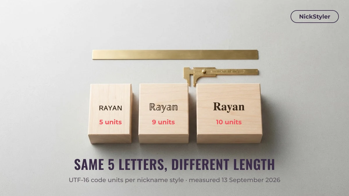 Nickname style length: small caps Rayan uses 5 UTF-16 units, double-struck 9, bold 10
