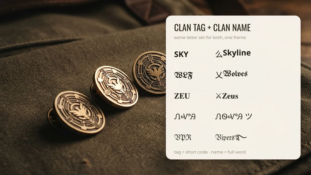 BGMI clan tags and matching clan names styled with the same letter set
