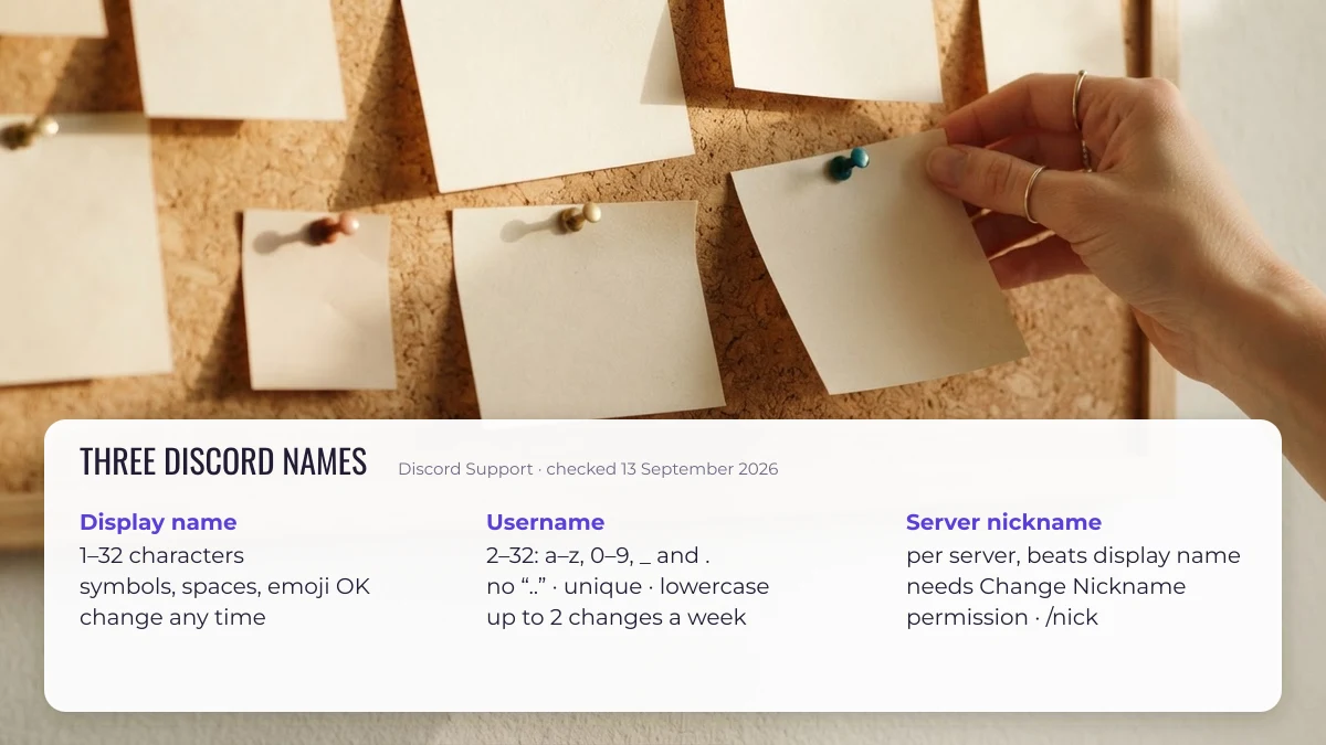 Discord display name, username and server nickname rules from Discord Support, checked September 2026