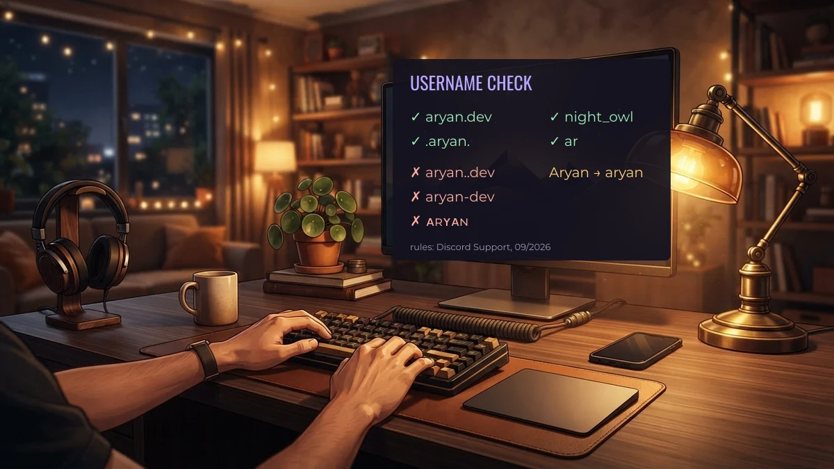 Discord usernames checked against the rules: lowercase letters, numbers, underscore and period, no two periods in a row