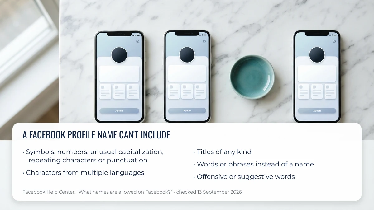 What a Facebook profile name can't include, from the Facebook Help Center, checked September 2026