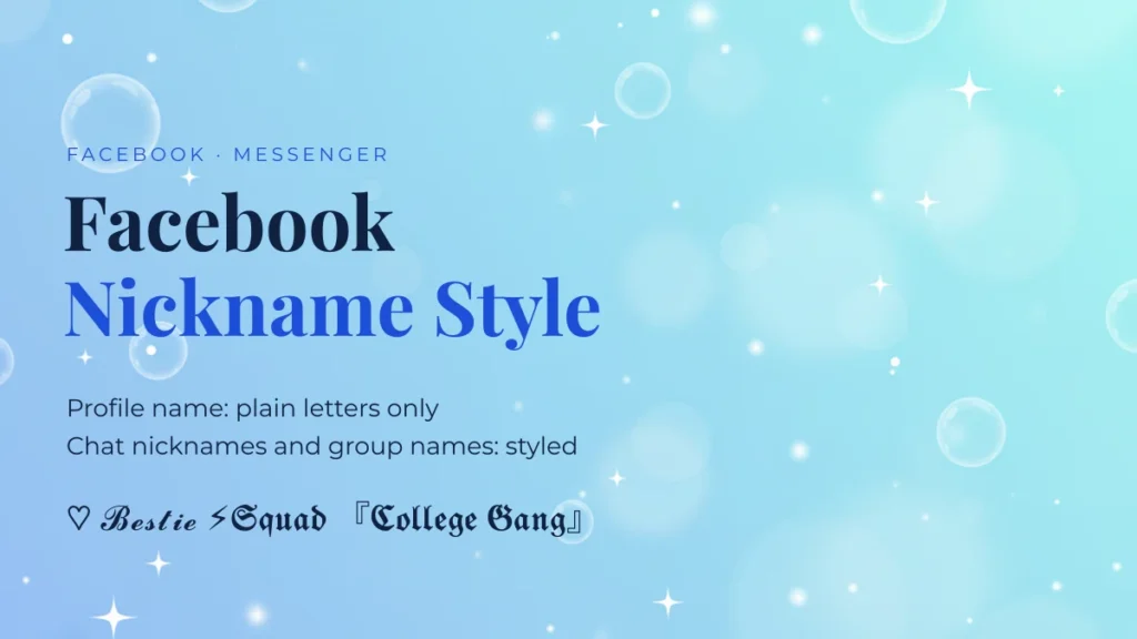 Facebook nickname style: plain letters for the profile name, styled text for Messenger chat nicknames and group names