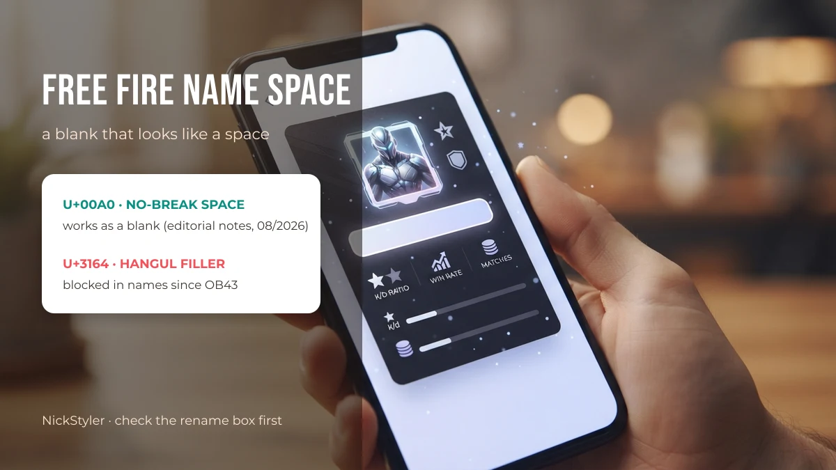Free Fire name space: U+00A0 no-break space works as a blank, U+3164 Hangul filler blocked since OB43