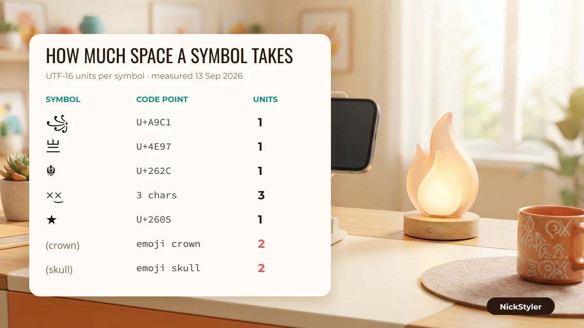 Free Fire name symbols and how many UTF-16 units each one uses, measured September 2026