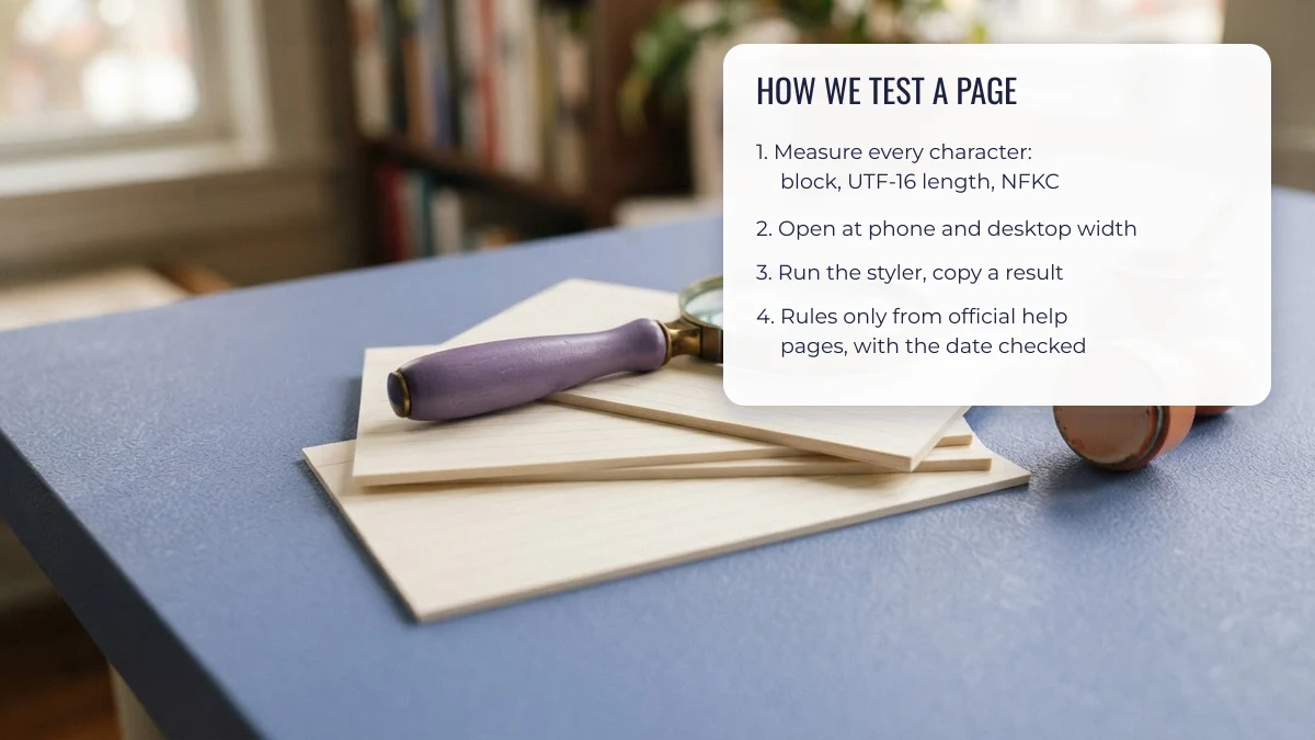 How NickStyler tests a page: character measurements, phone and desktop checks, running the styler, official sources