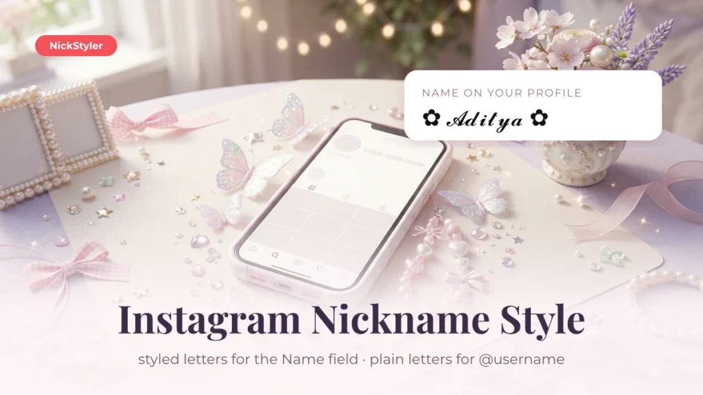 Instagram nickname style: the name Aditya in bold script with flower symbols on a profile card