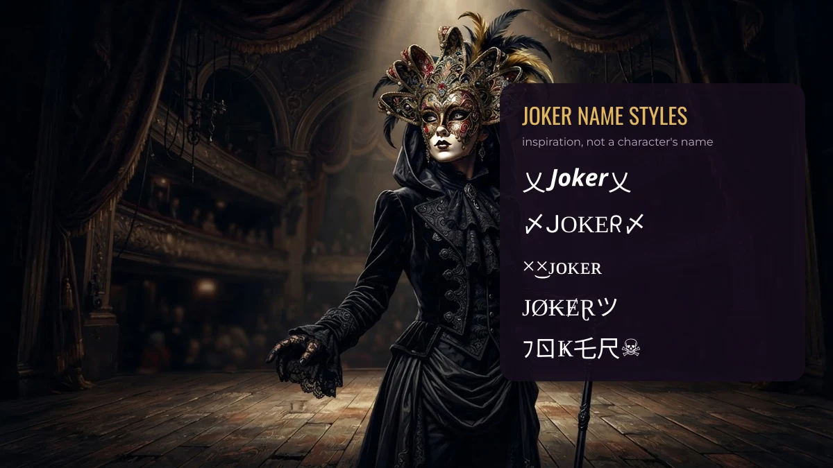 Joker name styles in five Unicode letter sets beside a masked theatre figure