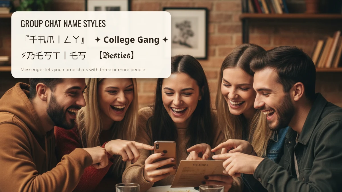 Styled Messenger group chat names such as Family, College Gang and Besties above friends looking at a phone