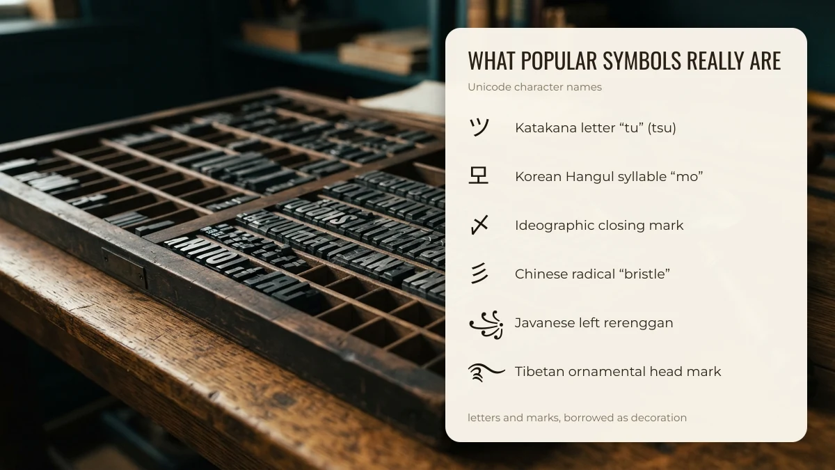 Popular nickname symbols with their Unicode character names: katakana tu, Hangul mo, ideographic closing mark, Javanese rerenggan