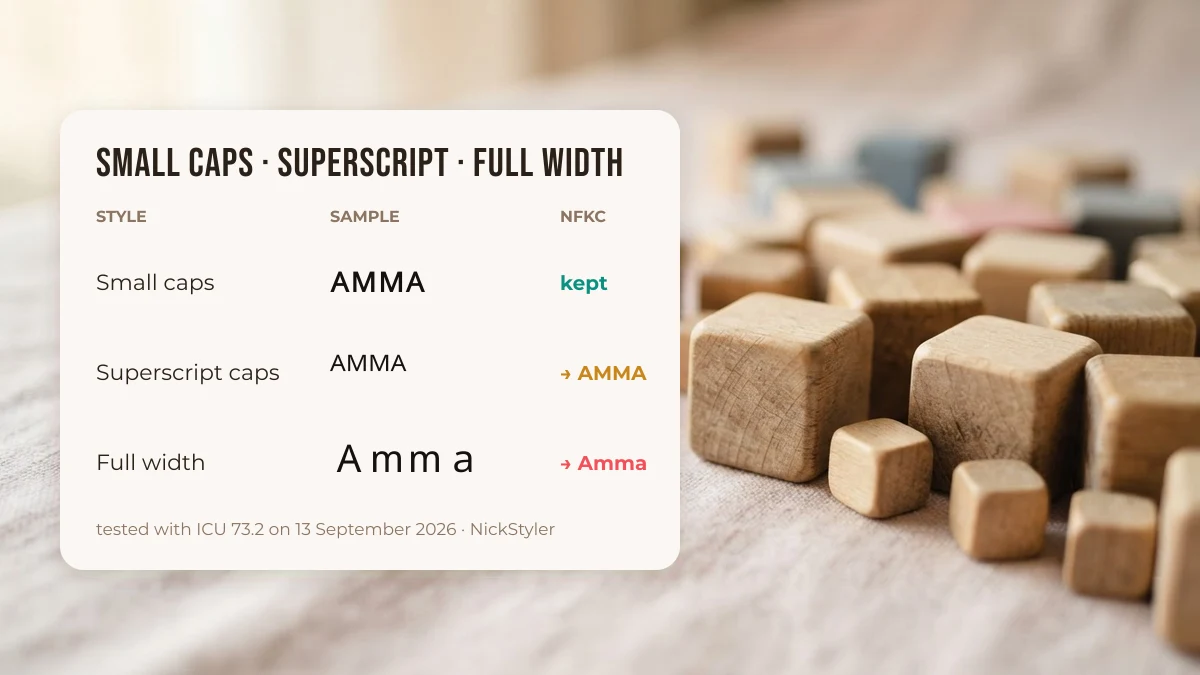 Small caps, superscript capitals and full width letters compared on the word Amma with NFKC results
