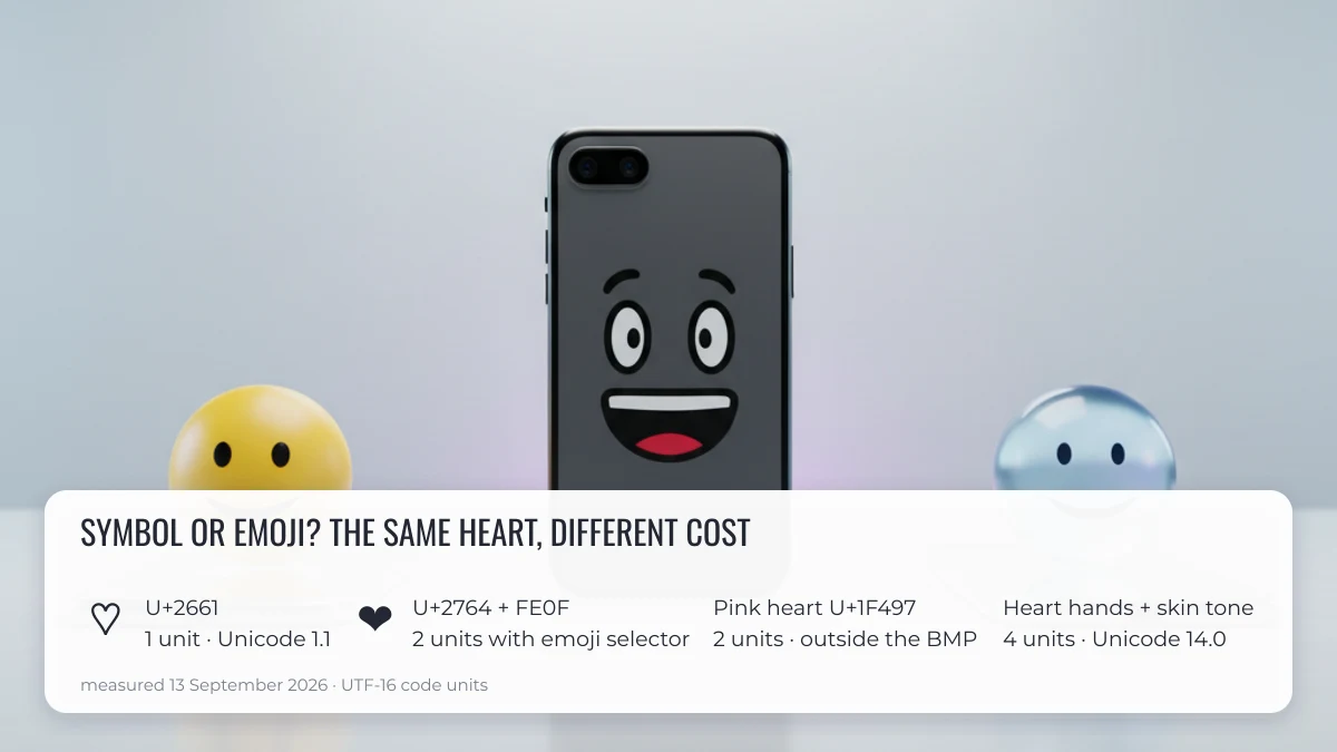Outline heart symbol compared with emoji hearts by code points and UTF-16 units, measured September 2026
