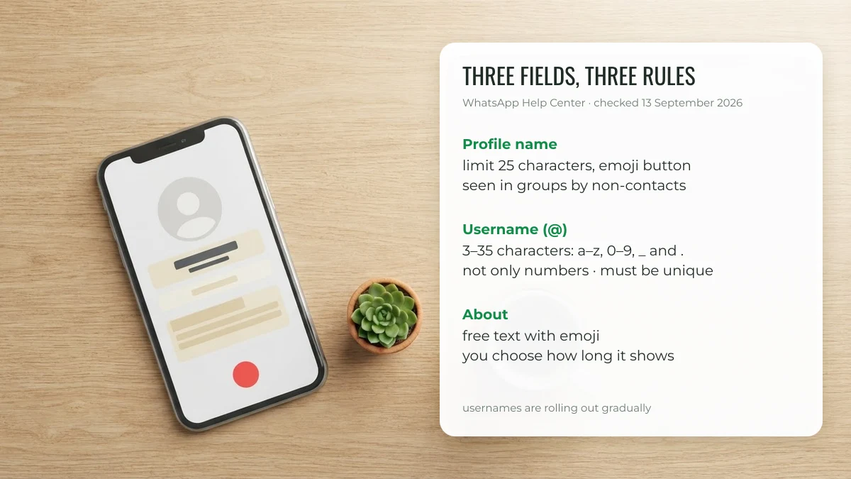 WhatsApp profile name, username and About rules from the WhatsApp Help Center, checked September 2026