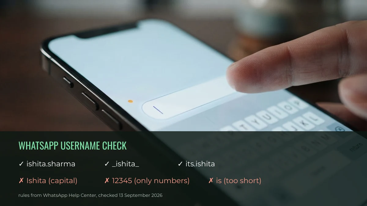 Examples of WhatsApp usernames that fit or break the rules: lowercase letters, numbers, underscores and periods